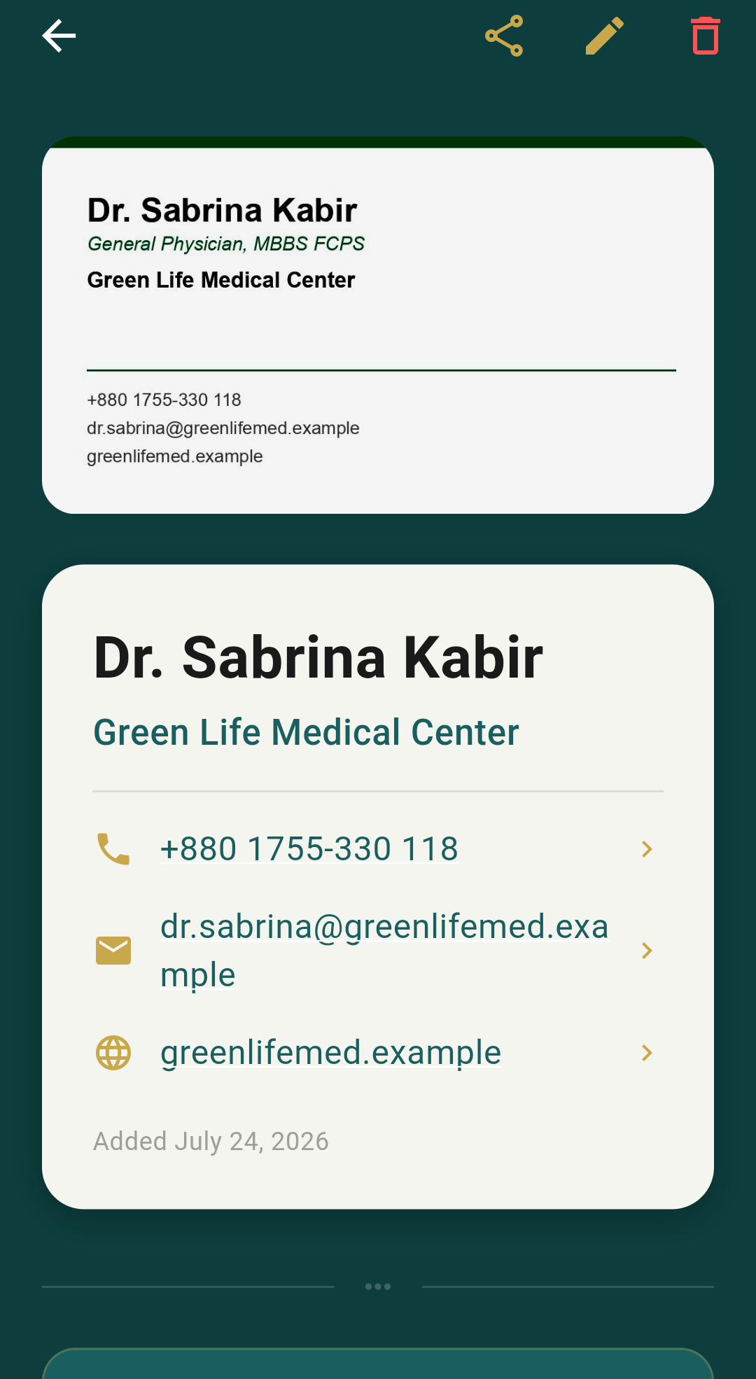 Preserve Cards showing a scanned business card turned into a clean digital contact card