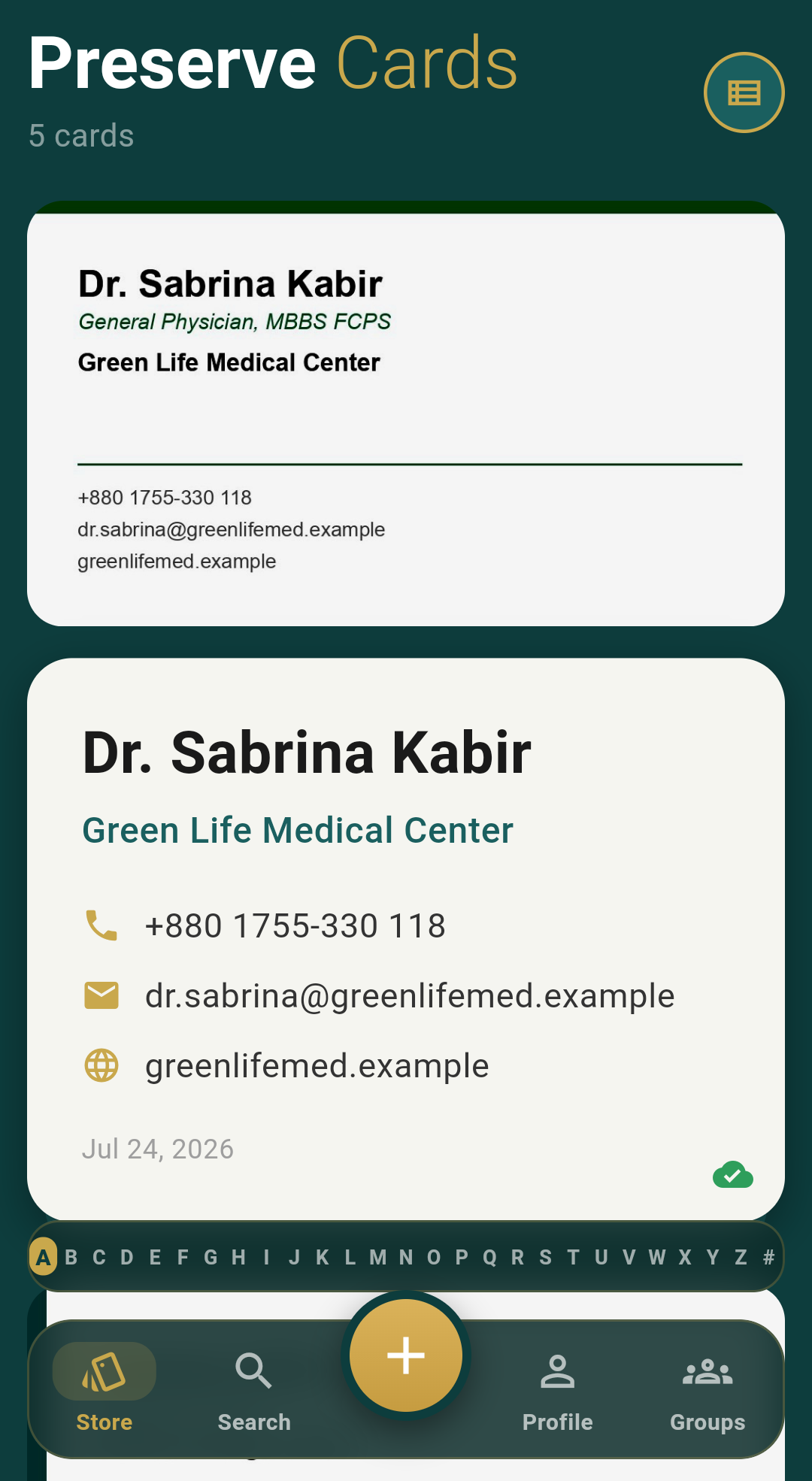 Preserve Cards deck view showing scanned business cards stacked like a physical card holder